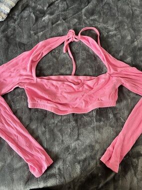 SHEIN Pink Ribbed Long-Sleeve Halter Crop Top